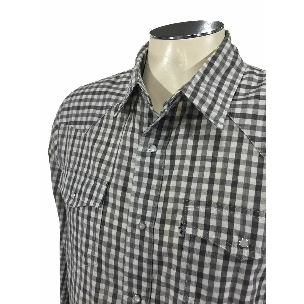 Levis Western Pearl‎ Snap Shirt M Modern Gray White Plaid Cowboy Mens